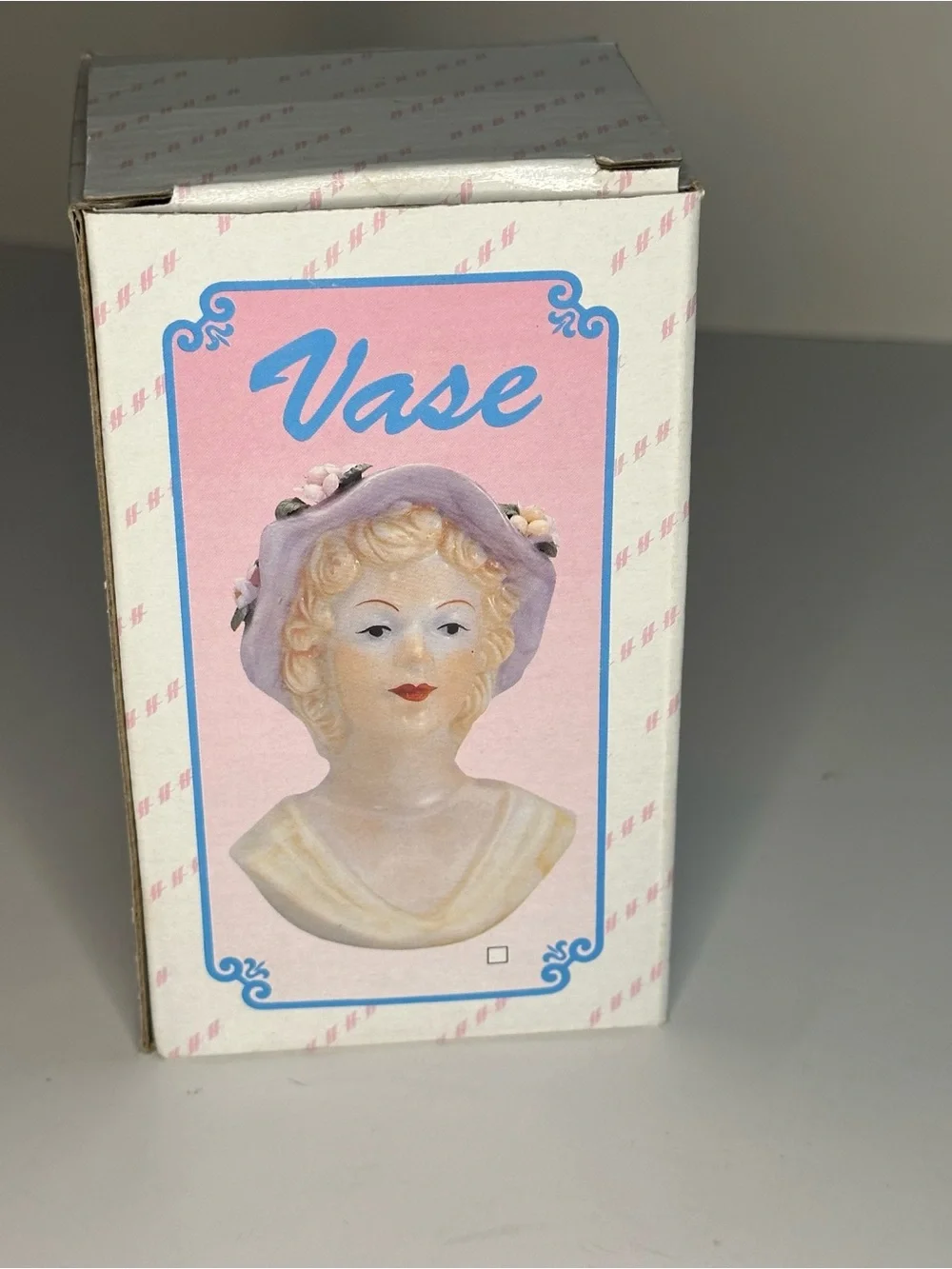 Vintage MCM Porcelain Glamour Girl Head Vase Pink Floral Hat Blue Dress 1950 NEW